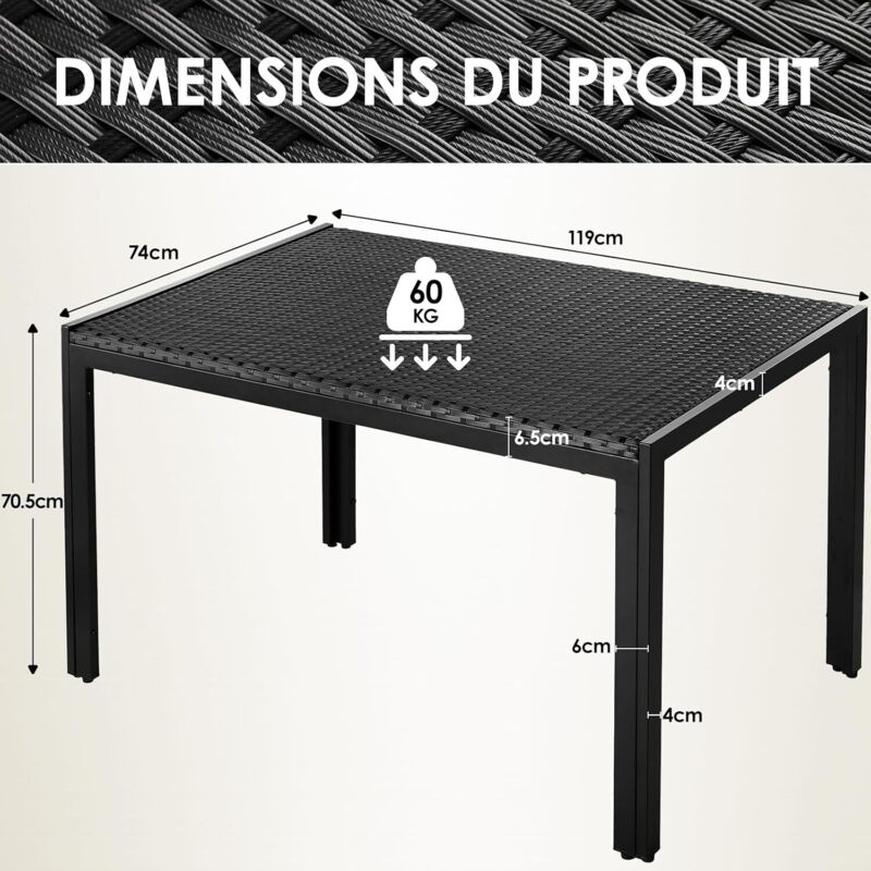 Table de Jardin 6 Personnes Rectangulaire en PE Rattan et Métal,119x74x70.5 cm,Table de Salle et Balcon,Résistante aux Intempéries,pour Terrasse