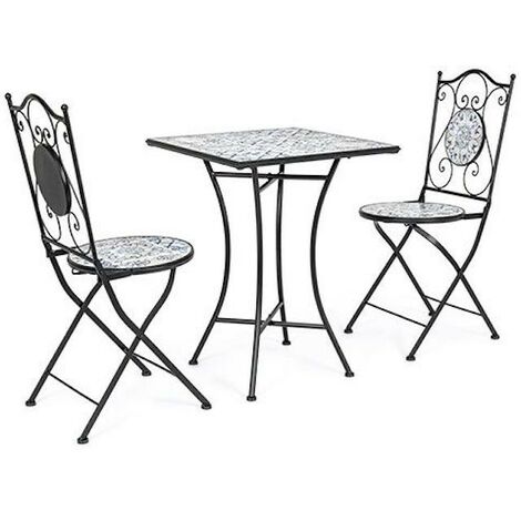 Table de jardin 60 cm avec 2 chaises en céramique blanc, bleu et noir