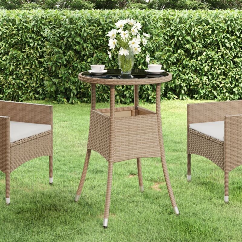 Table de jardin Ø60x75 cm Verre trempé/résine tressée Beige, Beige, 310601