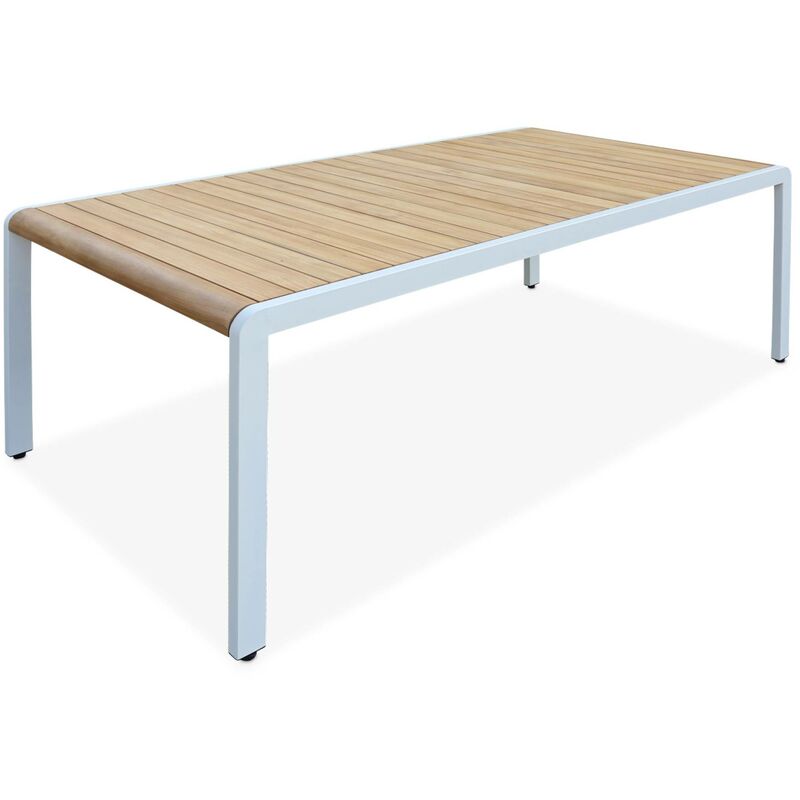 Table de jardin en bois teck. structure acier inoxydable blanc cassé. 8 places