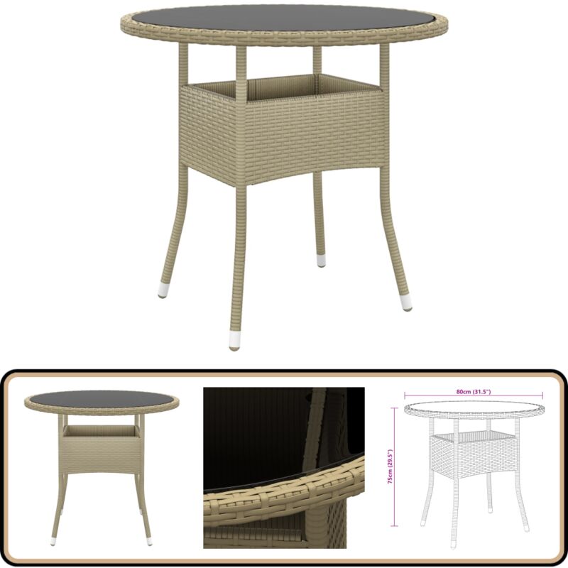 Table de jardin Ø80x75 cm Verre trempé/résine tressée Beige - Table De Jardin - Table Extérieure - Mobilier De Jardin - Table Ronde - Table En Résine