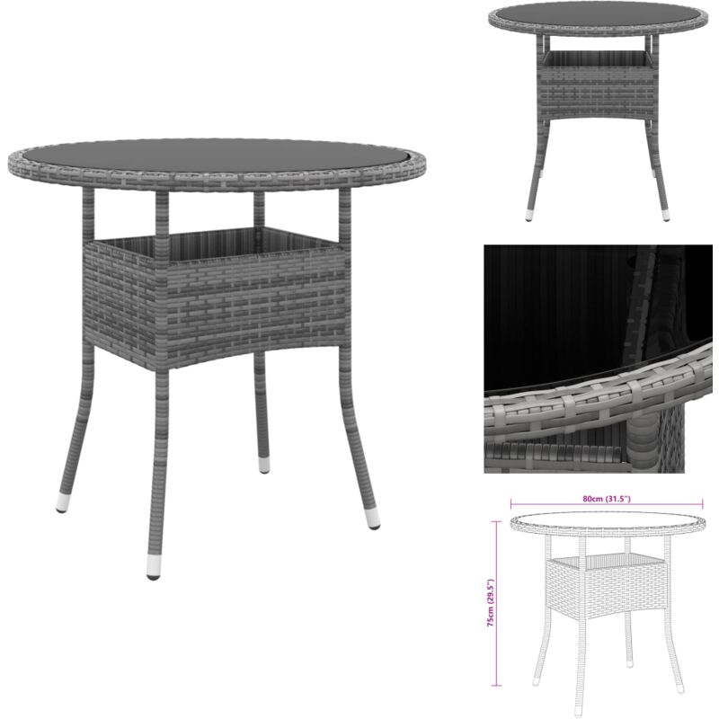 Table de jardin Ø80x75 cm Verre trempé/résine tressée Gris - Table De Jardin - Table Extérieure - Mobilier De Jardin - Table Ronde - Table En Résine
