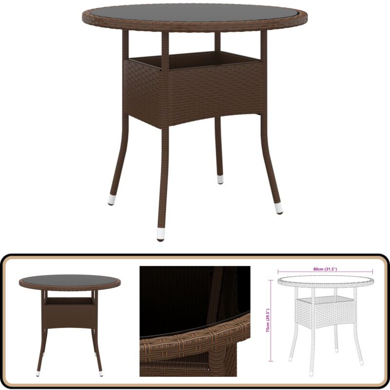 Table de jardin Ø80x75 cm Verre trempé/résine tressée Marron - Table De Jardin - Table Extérieure - Mobilier De Jardin - Table Ronde - Table En