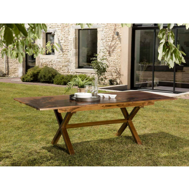 Macabane - hanna - Table de jardin 8/10 personnes - rectangulaire pieds croisés extensible 180/240x100cm en bois teck huilé - Marron