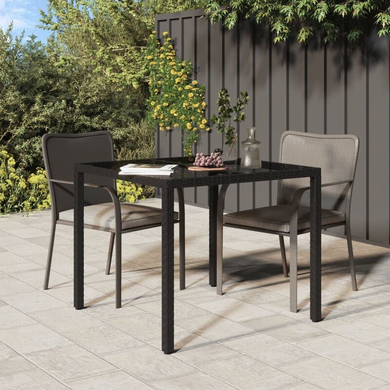 True Deal - Table de jardin 90x90x75 cm Verre trempé et résine tressée Noir