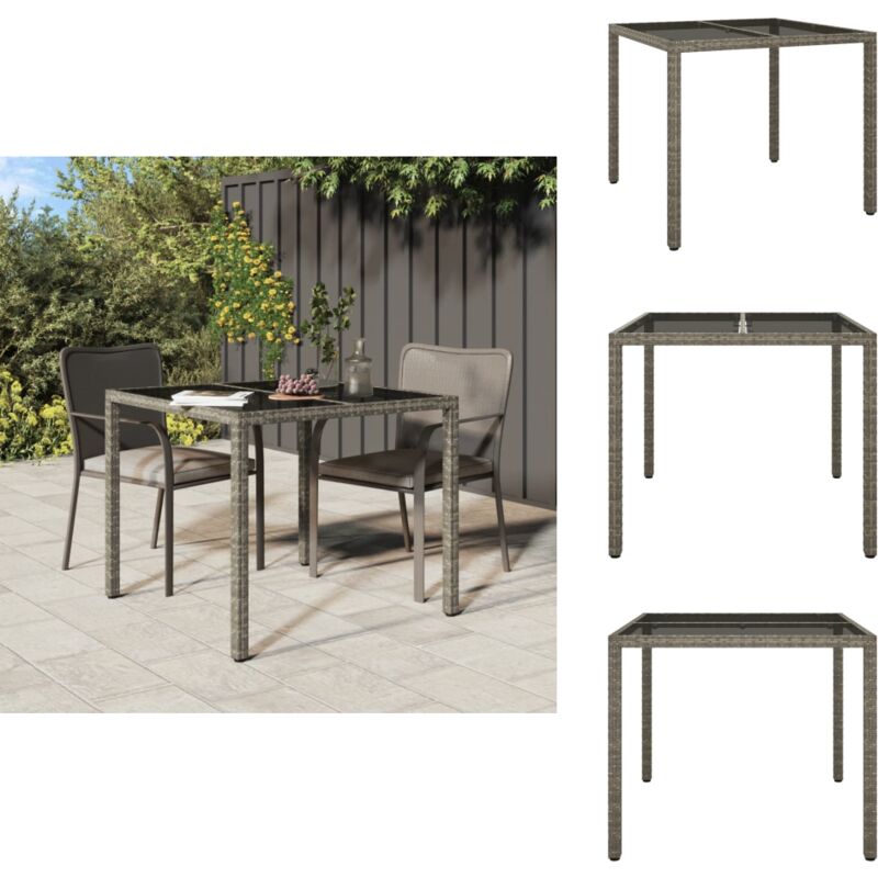 Table de jardin 90x90x75 cm Verre trempé et résine tressée Gris - Table De Jardin - Table Extérieure - Mobilier De Jardin - Table En Résine Tressée