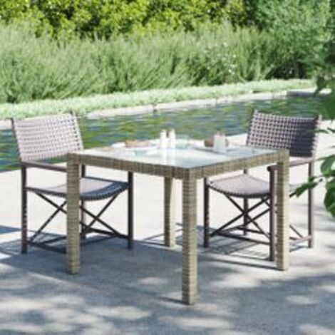 Table de jardin 90x90x75 Verre trempé et résine tressée Gris