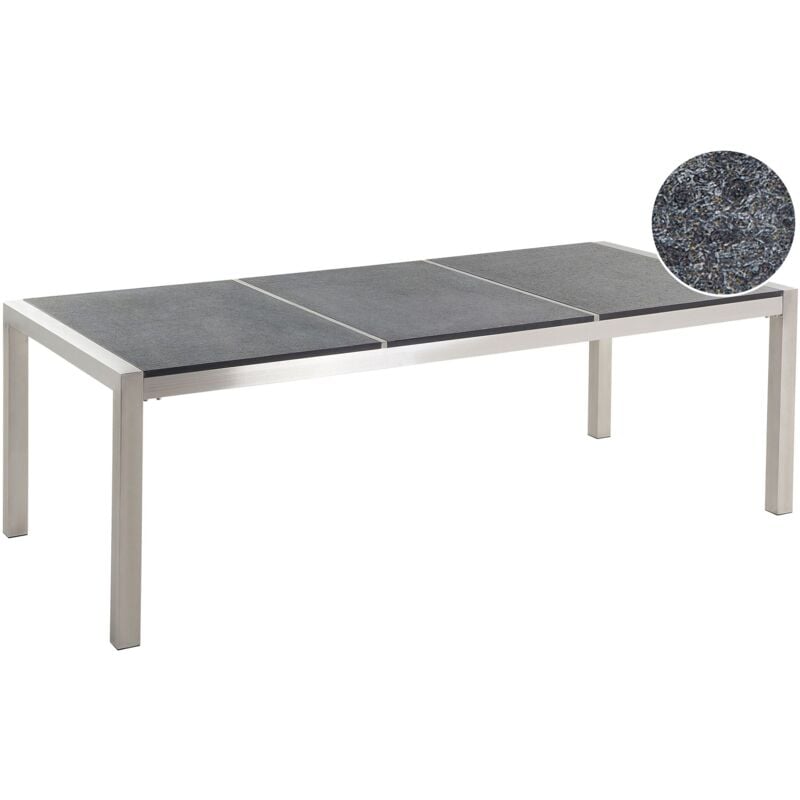 Table de Jardin à Plateau Triple en Granit Poli 220 x 100 cm Noir et Argenté Grosseto