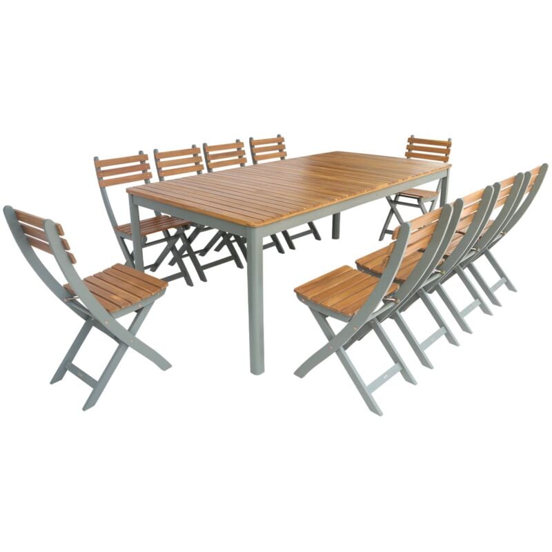 Table de jardin bois d'acacia + 10 assises kaki. 200 x 100 x 75 cm