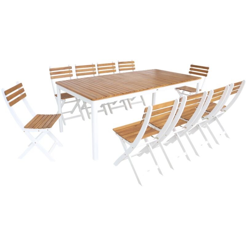 Table de jardin bois d'acacia + 10 assises blanc. 200 x 100 x 75 cm