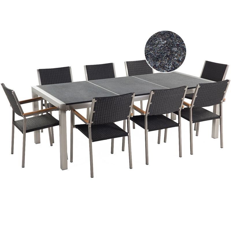 Beliani - Table de jardin acier inox plateau granit triple noir flambé 220 cm avec 8 chaises en rotin GROSSETO