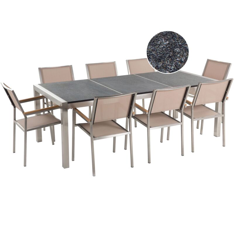 Beliani - Table de jardin acier inox plateau granit triple noir flambé 220 cm avec 8 chaises en textile beige GROSSETO