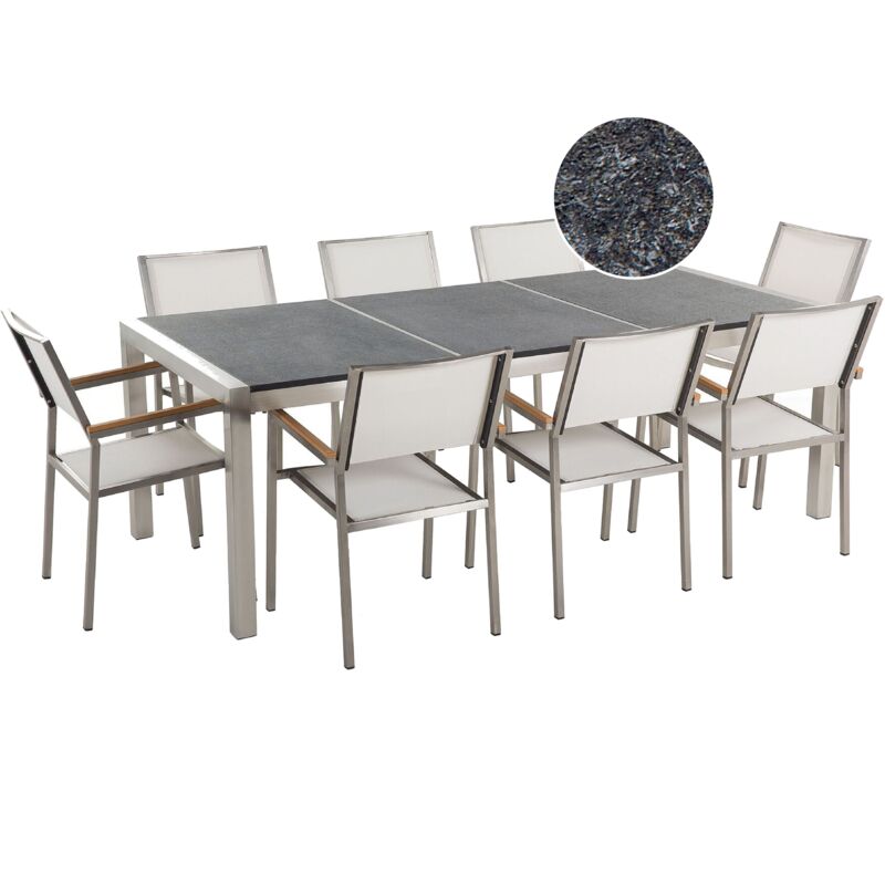 Beliani - Table de jardin acier inox plateau granit triple noir flambé 220 cm avec 8 chaises en textile blanc GROSSETO