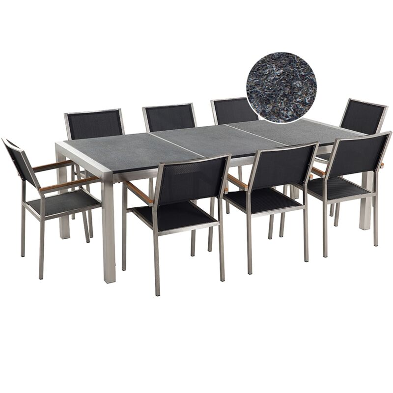 Beliani - Table de jardin acier inox plateau granit triple noir flambé 220 cm avec 8 chaises en textile noir GROSSETO