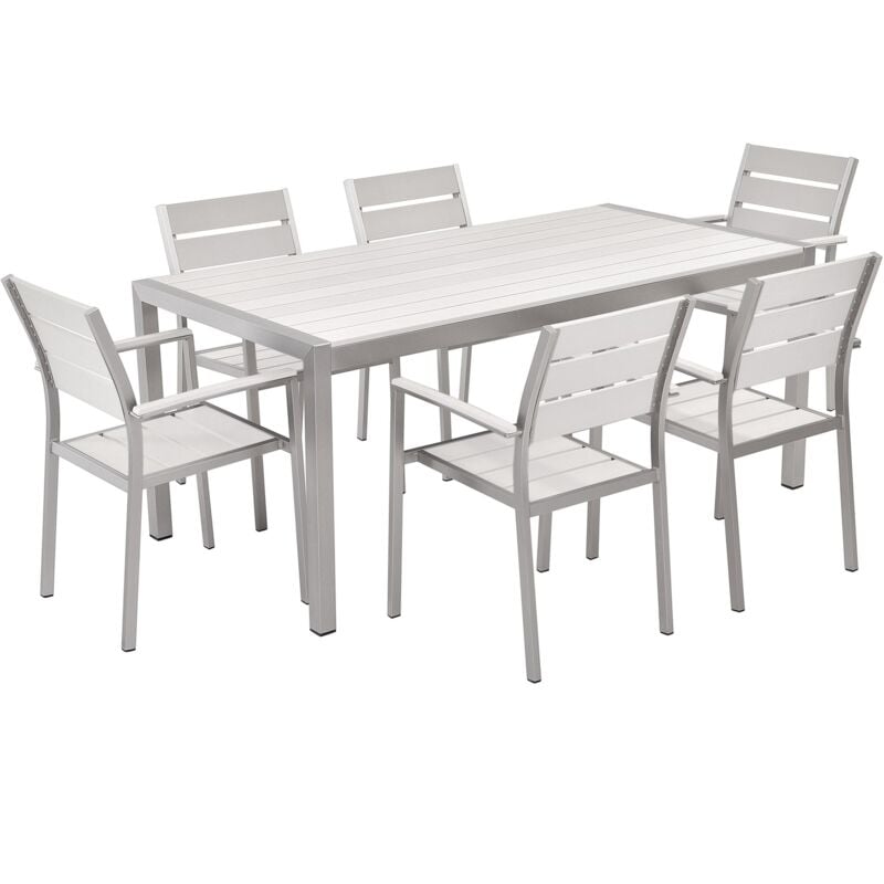 Table de Jardin et 6 Chaises 180x90 cm Bois Synthétique Blanc et Aluminium Vernio