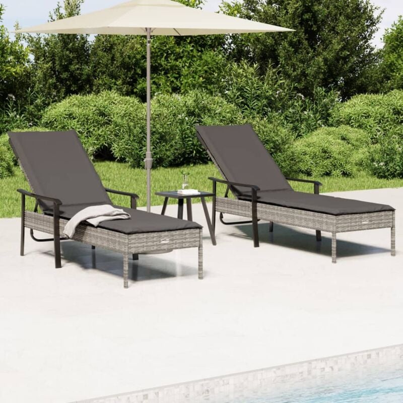 Vidaxl - Chaises longues 2pcs avec table et coussins gris résine tressée