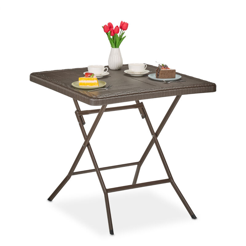 Table de jardin pliante, carrée, hlp : 74x78x78 cm, balcon, terrasse, plastique et métal, marron - Relaxdays