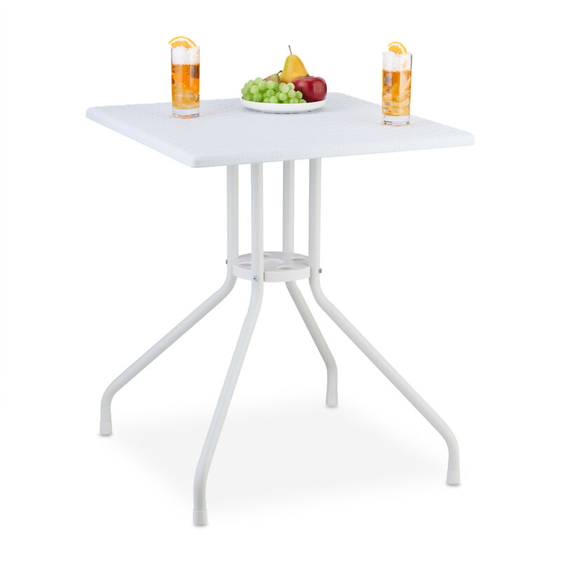Table de jardin, HxLxP : 75 x 61 x 61 cm, aspect rotin, carrée, balcon, terrasse, plastique et acier, blanche - Relaxdays