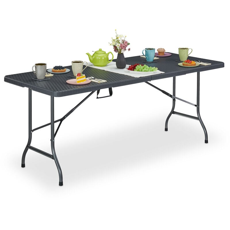 Table de jardin, aspect rotin, forme carrée, HxLxP: 72x180x74 cm, plastique, métal, pliable, gris - Relaxdays