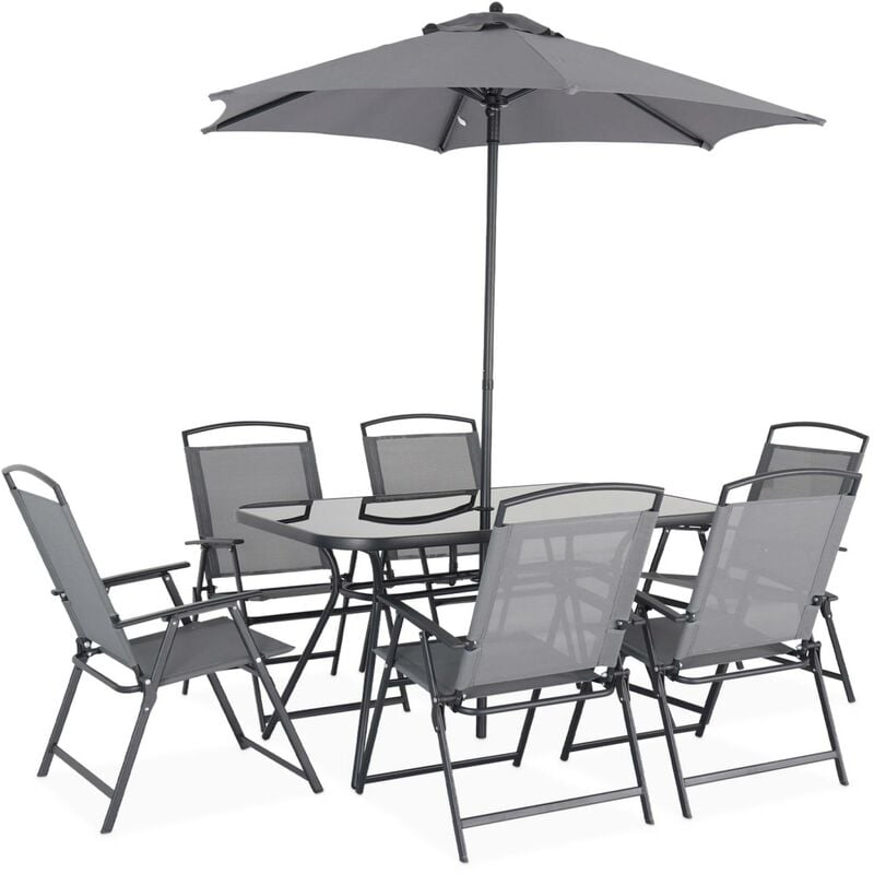 Table de jardin avec 6 fauteuils pliants gris et un parasol 2m. anthracite. structure acier avec revêtement anti rouille