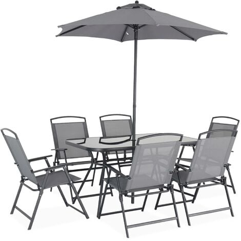 Table de jardin avec 6 fauteuils pliants gris et un parasol 2m. anthracite. structure acier avec revêtement anti rouille