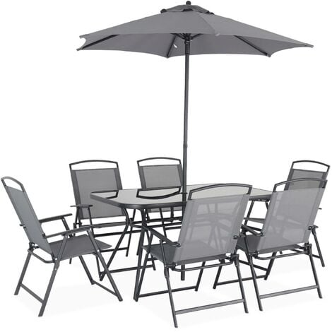 Table de jardin acier, 6 fauteuils et 1 parasol