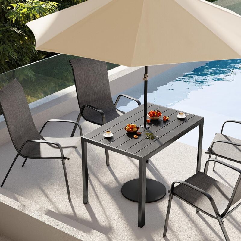 Table de Jardin avec Trou pour Parasol,Table à Manger d'extérieur pour Terrasse 110 x 70cm,Aluminium,WPC,Noir