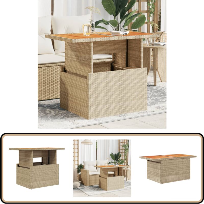 Table de jardin beige 100x55x73cm résine tressée et bois acacia - Table De Jardin - Table Extérieure - Mobilier De Jardin - Table Patio - Table