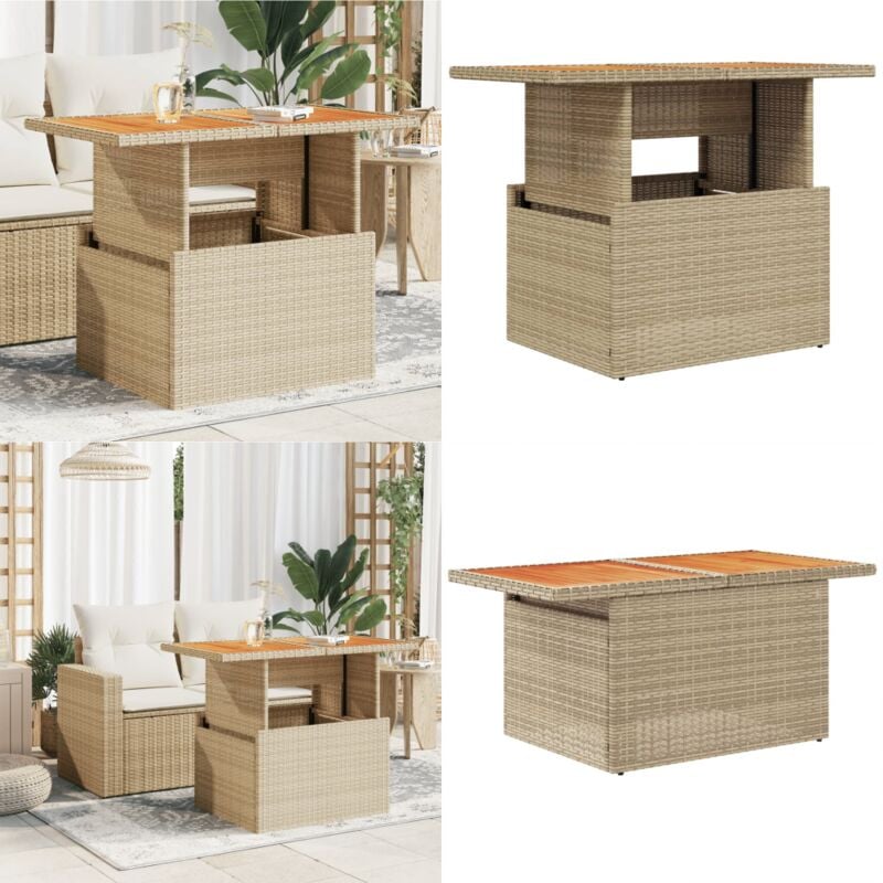 Table de jardin beige 100x55x73cm résine tressée et bois acacia - Table De Jardin - Table Extérieure - Mobilier De Jardin - Table Patio - Table