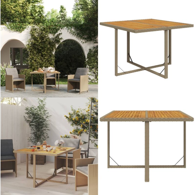 Table de jardin Beige 109x107x74 cm Résine tressée bois massif - Table De Jardin - Table Extérieure - Mobilier De Jardin - Table En Résine Tressée