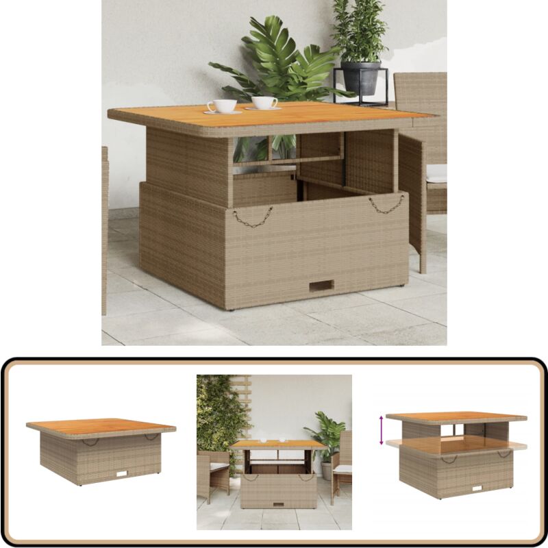Table de jardin beige 110x110x71 cm résine tressée bois acacia - Table De Jardin - Table Extérieure - Mobilier De Jardin - Table Ronde - Table