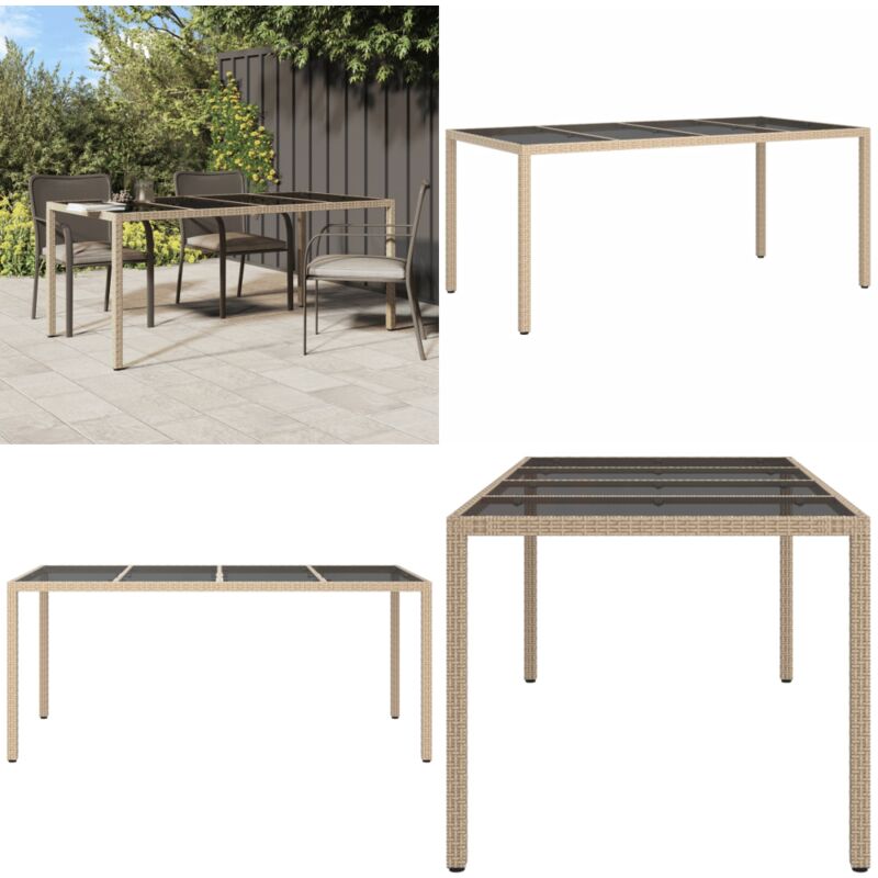 Table de jardin Beige 190x90x75 cm Verre trempé/résine tressée - Table De Jardin - Table Extérieure - Mobilier De Jardin - Table En Résine Tressée