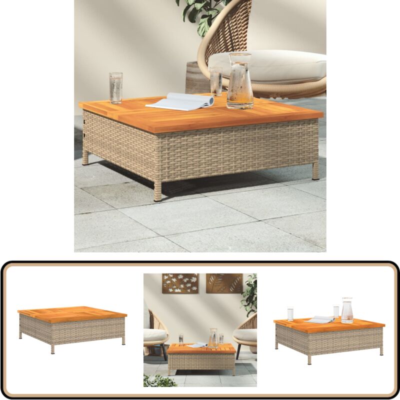 Table de jardin beige 70x70x25 cm résine tressée et bois acacia - Table De Jardin - Mobilier De Jardin - Table Extérieure - Table Patio - Table En