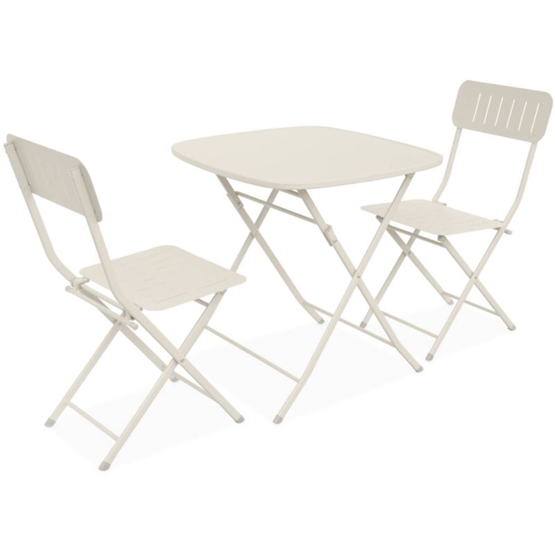 Table de jardin type bistrot pliable beige avec 2 chaises également pliables en acier galvanisé robuste - Beige