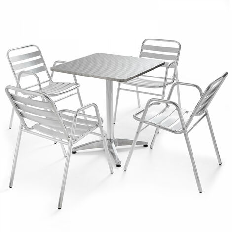 Table de jardin bistrot carrée et 4 fauteuils en aluminium - Gris