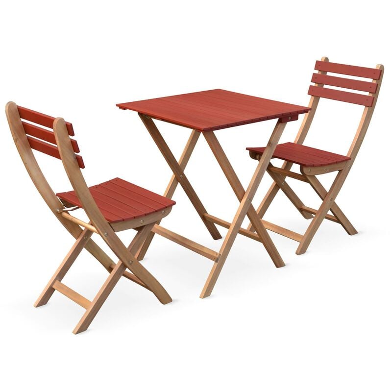 Sweeek - Table de jardin bistrot en bois 60x60cm - Barcelona Bois / Terracotta - pliante bicolore carrée en acacia avec 2 chaises pliables