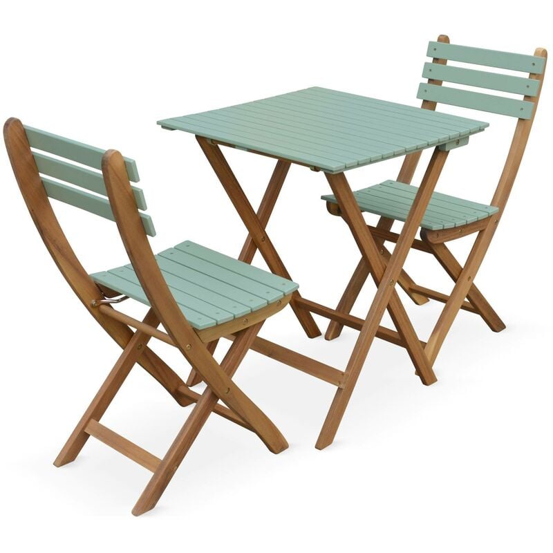Table de jardin bistrot en bois 60x60cm - Barcelona Bois / Vert de gris - pliante bicolore carrée en acacia avec 2 chaises pliables - Vert de gris