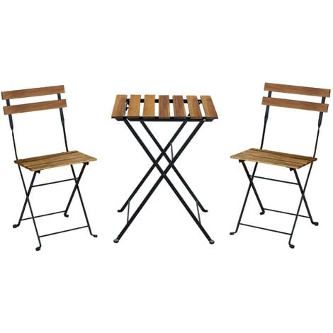 Table de jardin bistrot en bois d'acacia et métal. 55 x 54 cm. 2 chaises pliantes