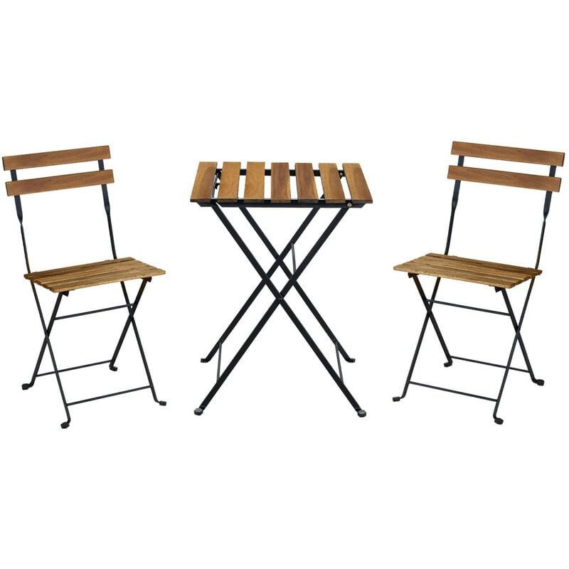 Sweeek - Table de jardin bistrot en bois d'acacia et métal. 55 x 54 cm. 2 chaises pliantes - Noir