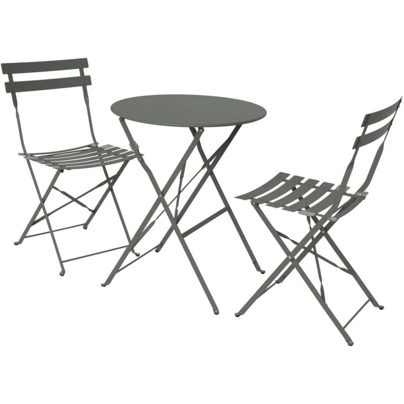 Table de jardin bistrot pliante métal + 2 assises kaki Ø60 x 70cm. acier thermolaqué