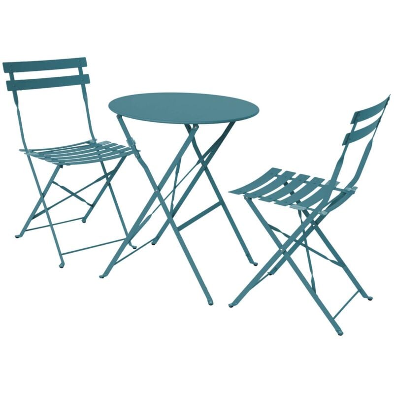 Table de jardin bistrot pliante métal + 2 assises bleu canard Ø60 x 70cm. acier thermolaqué
