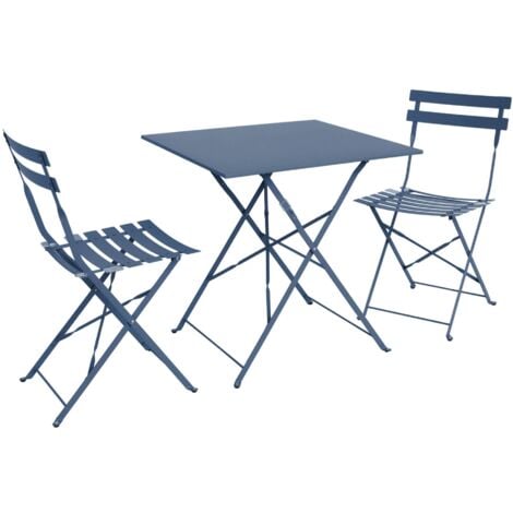 Table de jardin bistrot pliante métal + 2 assises bleu grisé 70 x 70cm. acier thermolaqué
