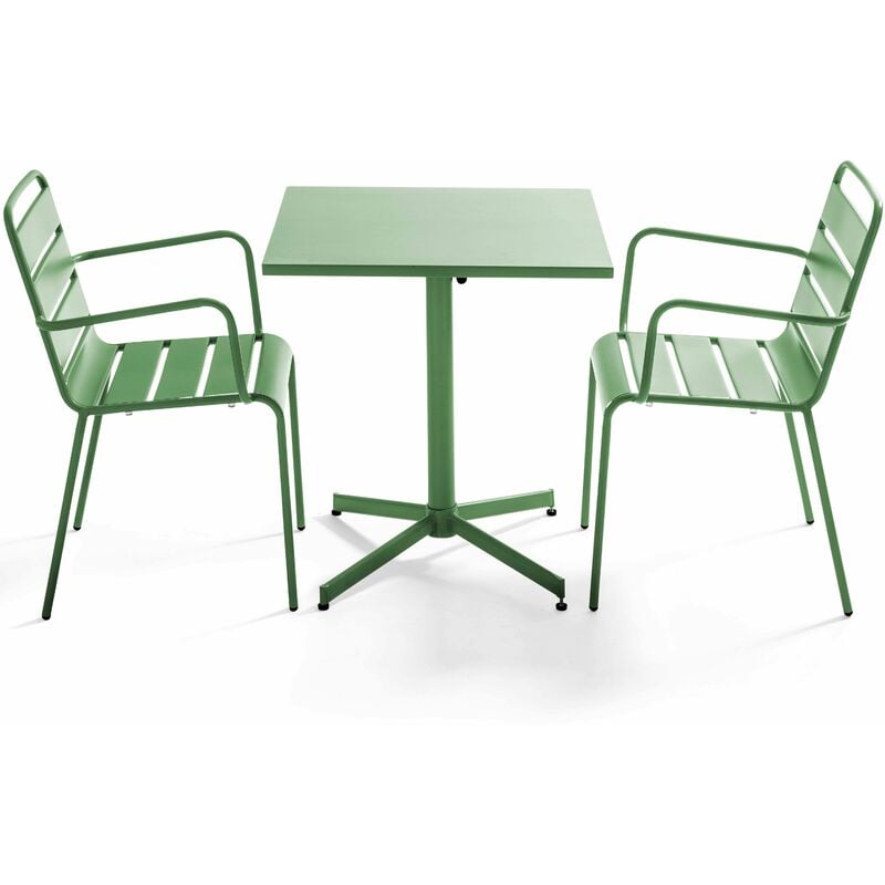 Oviala - Ensemble table de jardin carrée et 2 fauteuils métal vert cactus - Palavas - Vert Cactus