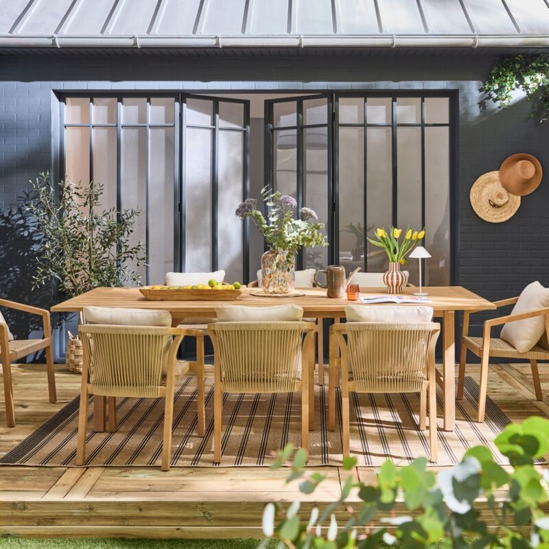 Table de jardin bois d'eucalyptus et cordes 8 fauteuils beige
