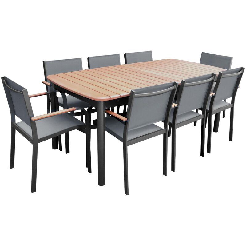 Set complet table de jardin papillon SAMANA 190/254.4 x 93.5 x 76cm + 8 fauteuils couleurs bois clair anthracite. bois d'eucalyptus