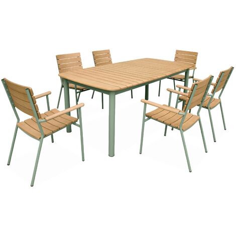 Table de jardin bois eucalyptus et aluminium 190cm,  Samana, avec lot de 6 chaises empilables, structure vert d'eau