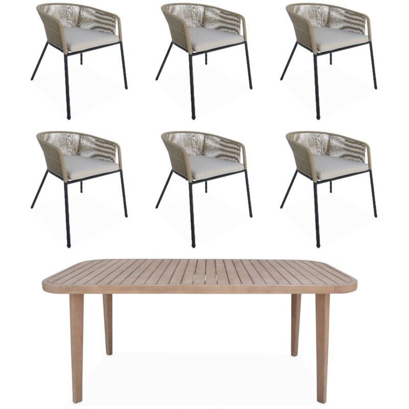 Table de jardin en bois d'eucalyptus . intérieur / extérieur + 6 fauteuils en corde beige et métal - Beige