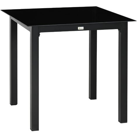 Table de jardin carrée 4 personnes dim. 80L x 80l x 74H cm alu. plateau verre trempé noir