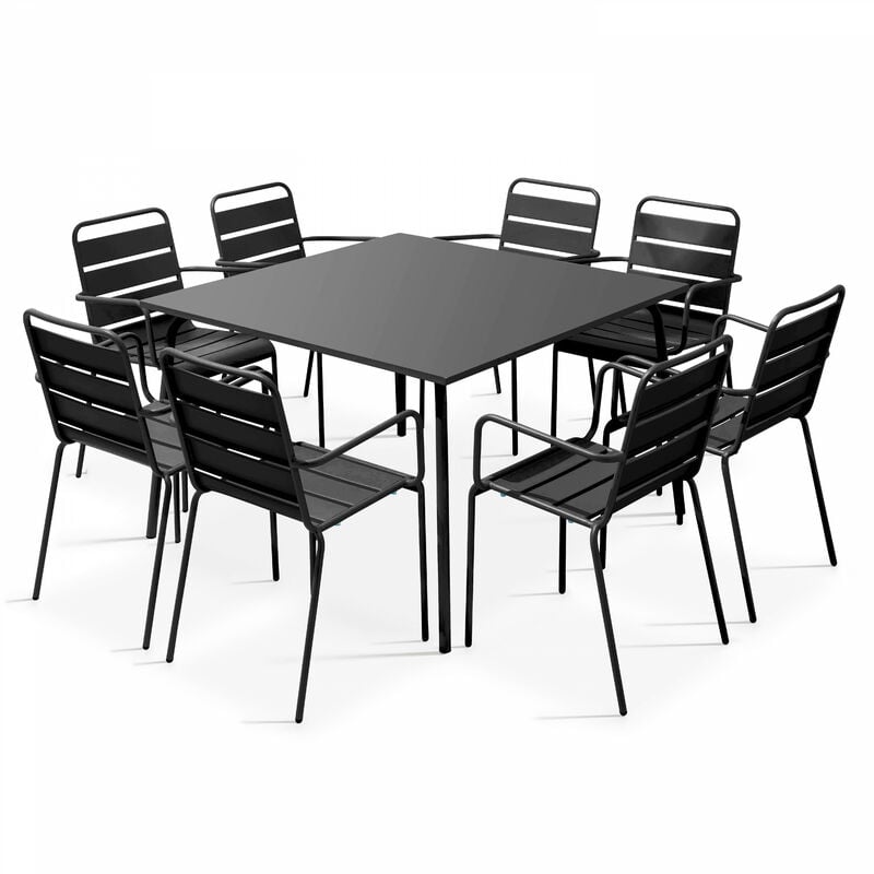 Ensemble table de jardin carrée et 8 fauteuils en métal gris - Palavas - Gris Anthracite