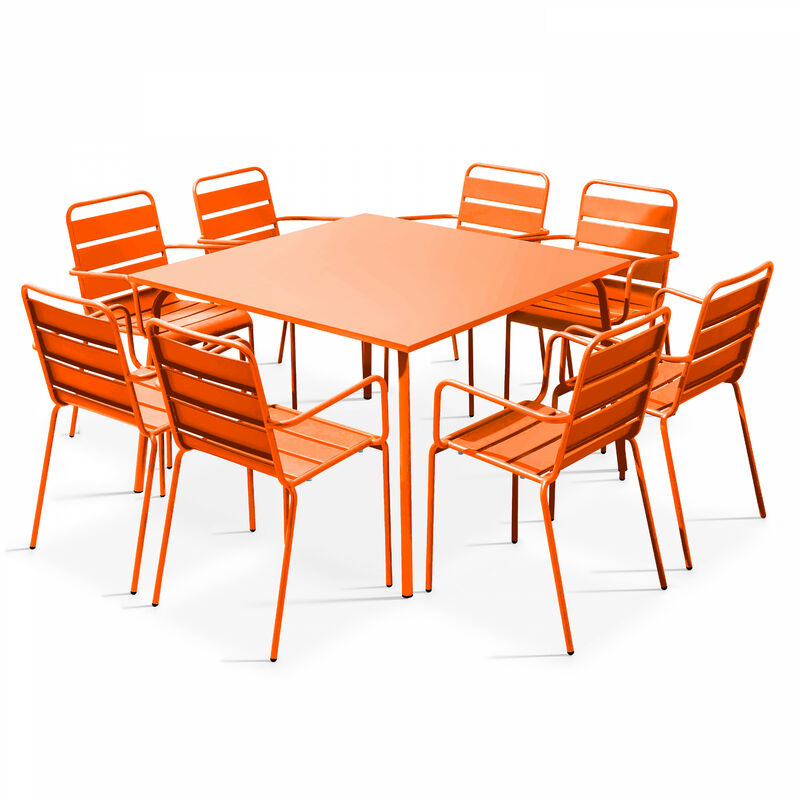 Ensemble table de jardin carrée et 8 fauteuils en métal orange - Palavas - Orange